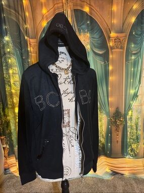 BCBG Black Rhinestone Logo Zip Hoodie Jacket with Pockets NWT